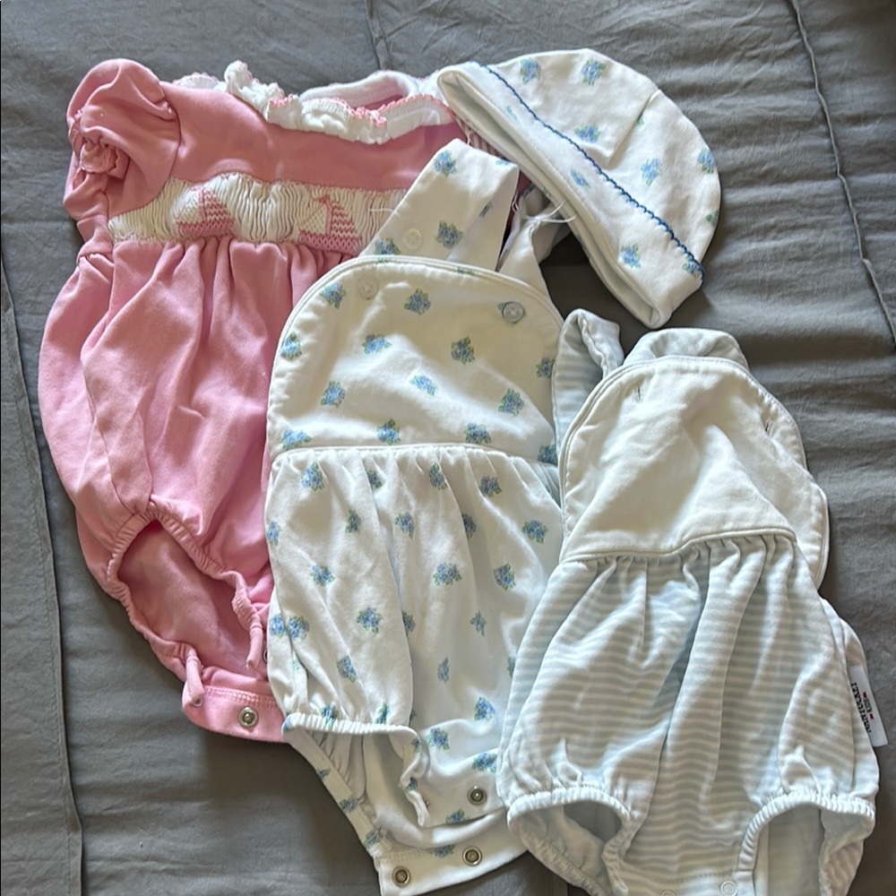 Nantucket kids Pink and White Baby Romper Set (4 pieces plus hat)